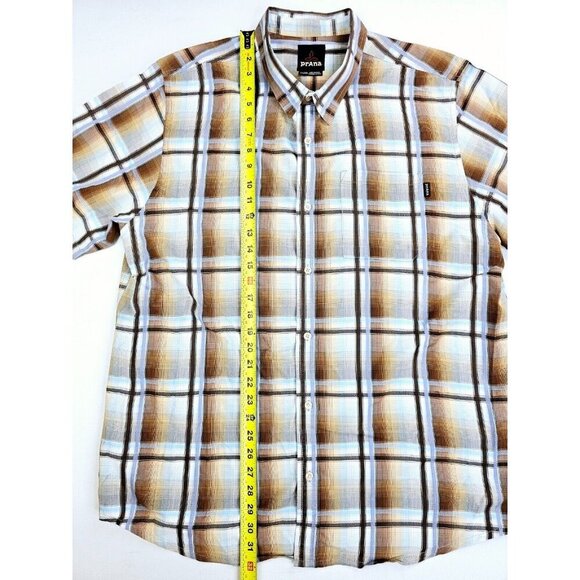 Prana Sz XL Mens Brown Gray Camel Blue Check Short Sleeve Neck Pocket Logo Shirt - Picture 12 of 13